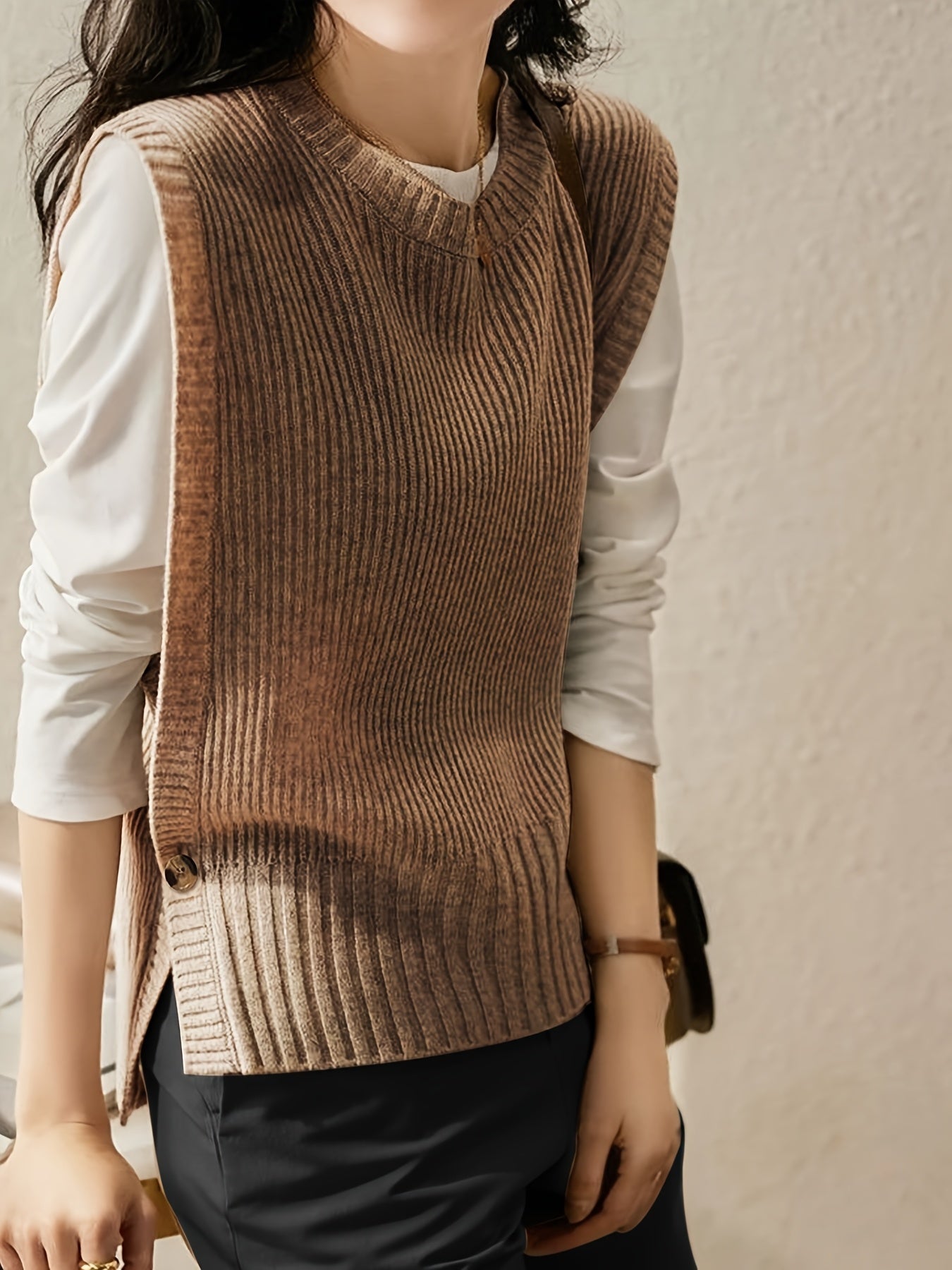 Chaleco de Suéter Acanalado Cómodo para Mujeres con Cuello Redondo Sin Mangas Estilo Oversized