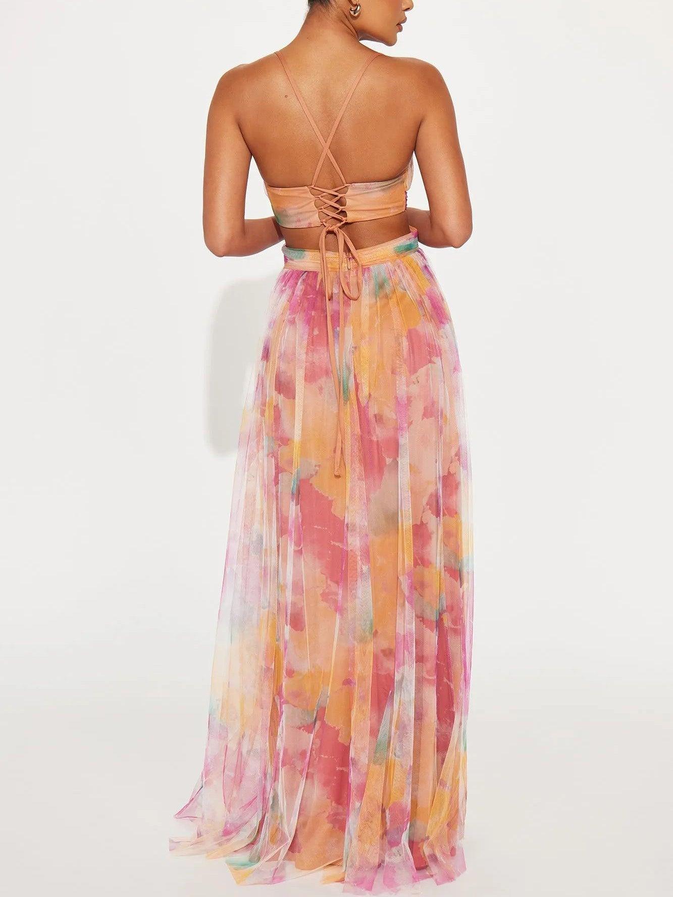 Vestido Maxi Floral Acuarela Sin Esfuerzo para Mujeres con Escote en V, Tirantes Espagueti, Cintura Cruzada y Estilo Fluido de Alta Fisura