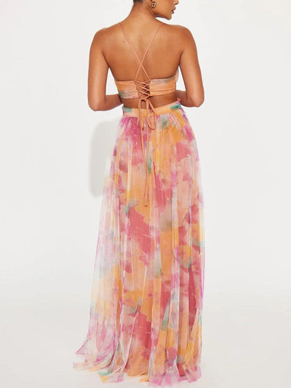 Vestido Maxi Floral Acuarela Sin Esfuerzo para Mujeres con Escote en V, Tirantes Espagueti, Cintura Cruzada y Estilo Fluido de Alta Fisura