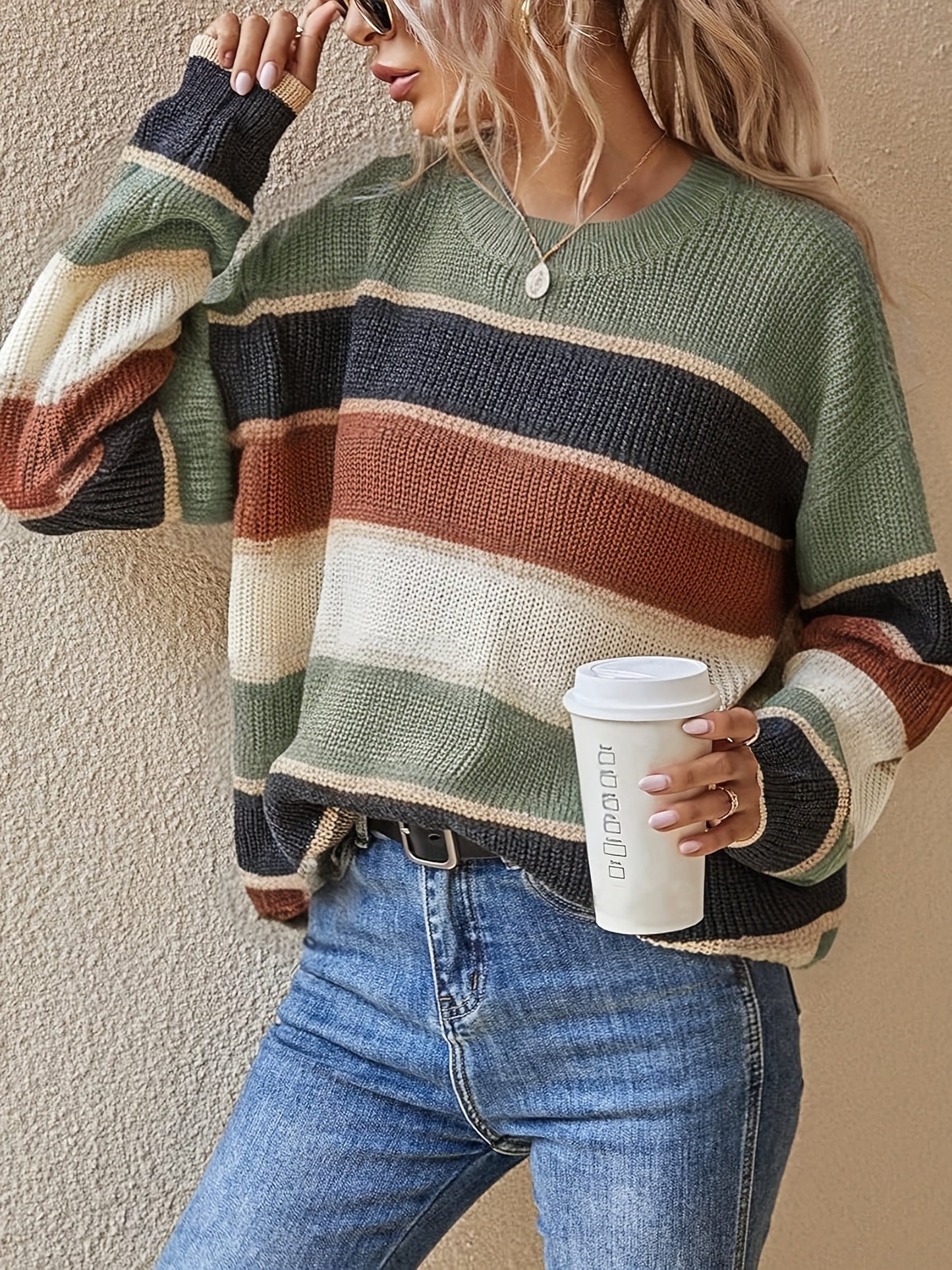 Suéter de rayas color bloque cómodo para mujeres con cuello redondo, manga larga y estilo de punto relajado y oversize