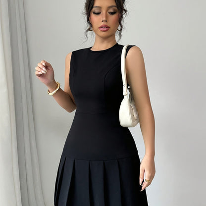 Vestido Mini Plisado Elegante para Mujeres con Cuello Redondo Sin Mangas Estilo Cóctel