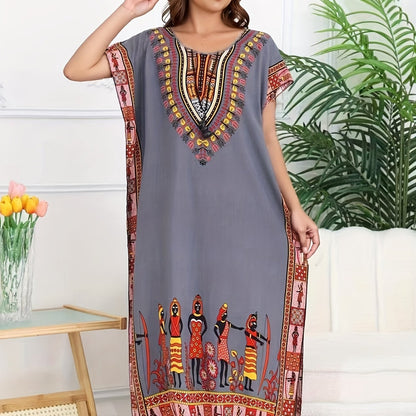 Vestido Kaftán de Impresión Tribal Sin Esfuerzo para Mujeres con Escote en V y Manga Corta Estilo Bohemio