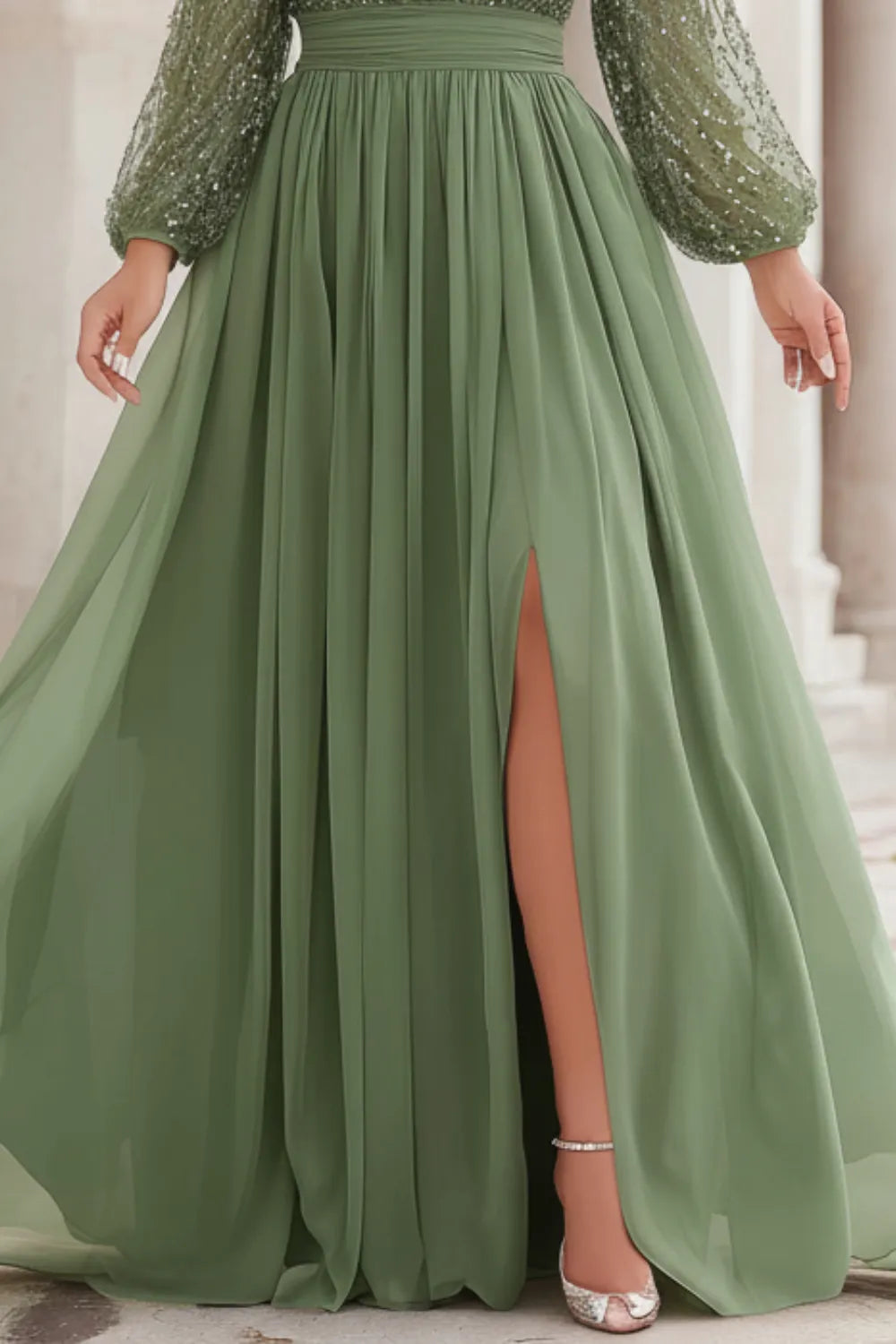 Vestido Maxi Elegante Verde Salvia con Lentejuelas para Mujeres con Escote en V, Manga Larga y Abertura Alta, Estilo Formal para Invitadas de Bodas