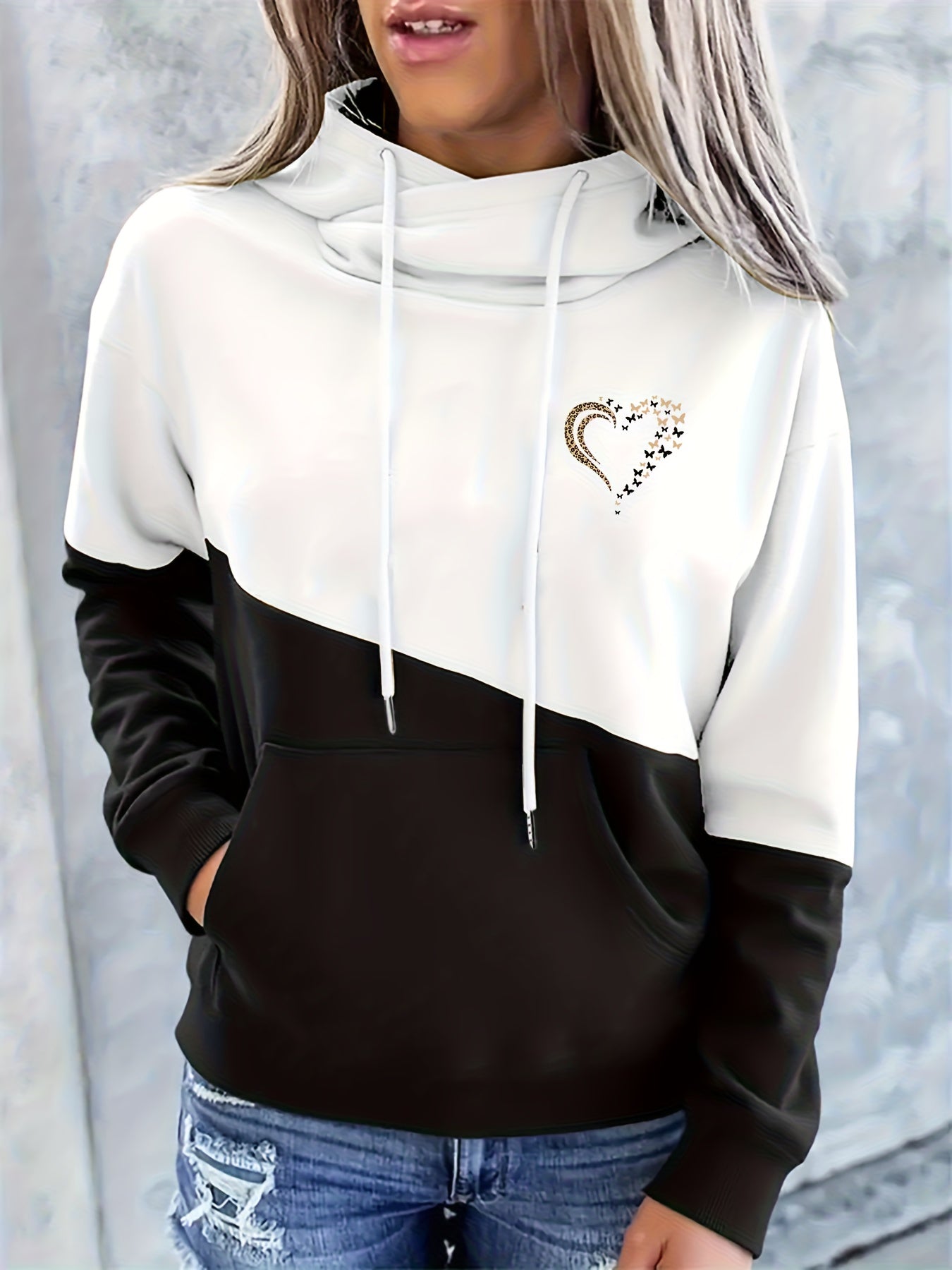 Sudadera gráfica de color bloque cómoda para mujeres con cuello de cowl, manga larga, bolsillo canguro y estilo relajado