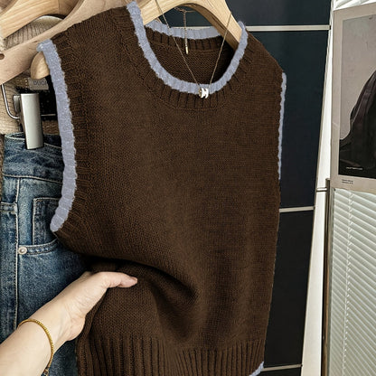Chaleco de Suéter de Contraste Cómodo para Mujeres con Cuello Redondo, Sin Mangas, dobladillo Acanalado, Estilo Oversized