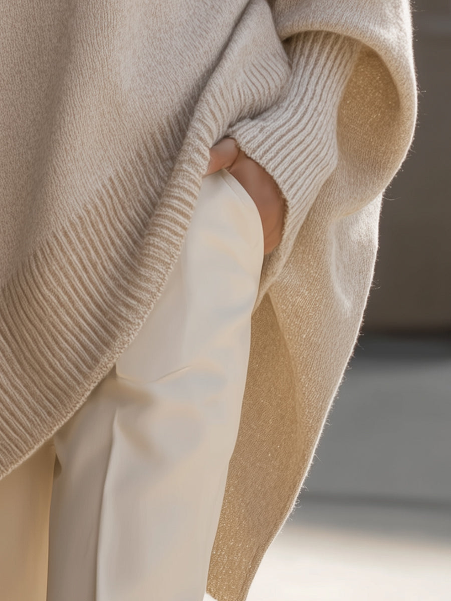 Suéter Poncho de Punto Cómodo para Mujeres con Cuello Redondo y Mangas Murciélago Oversized de Estilo Asimétrico