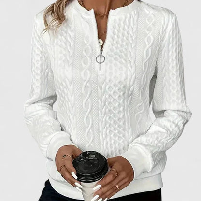 Sudadera de punto trenzado cómoda para mujeres con cuello de triplete y manga larga, estilo relajado y oversize