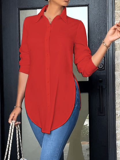 Blusa Tunic Sin Esfuerzo para Mujeres con Cuello, Manga Larga, Botones en la Parte Frontal, Estilo Relajado Alto-Bajo