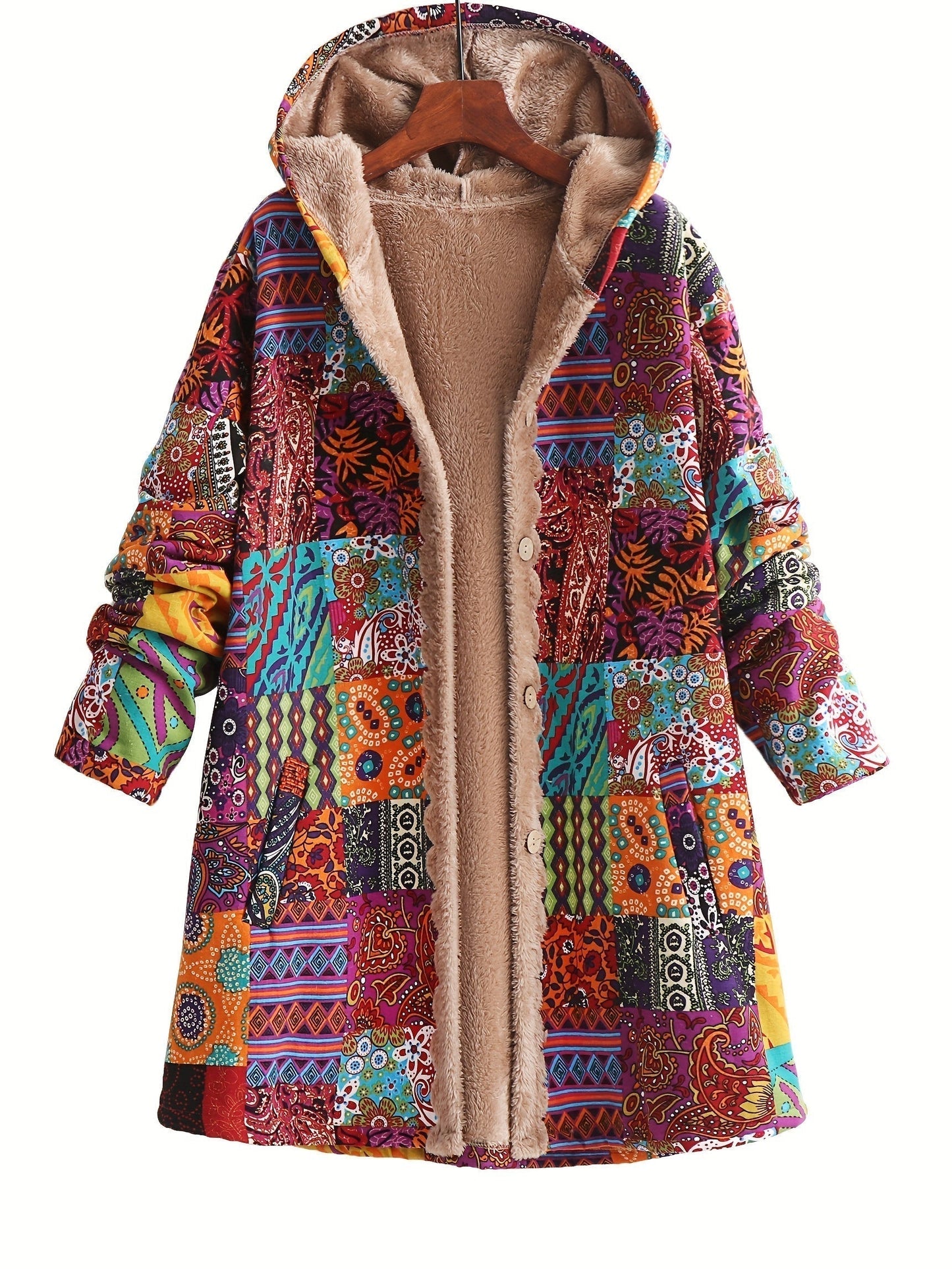 Abrigo de forro polar con estampado de patchwork sin esfuerzo para mujeres, con capucha, manga larga, frente abotonado y estilo bohemio oversized