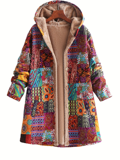 Abrigo de forro polar con estampado de patchwork sin esfuerzo para mujeres, con capucha, manga larga, frente abotonado y estilo bohemio oversized