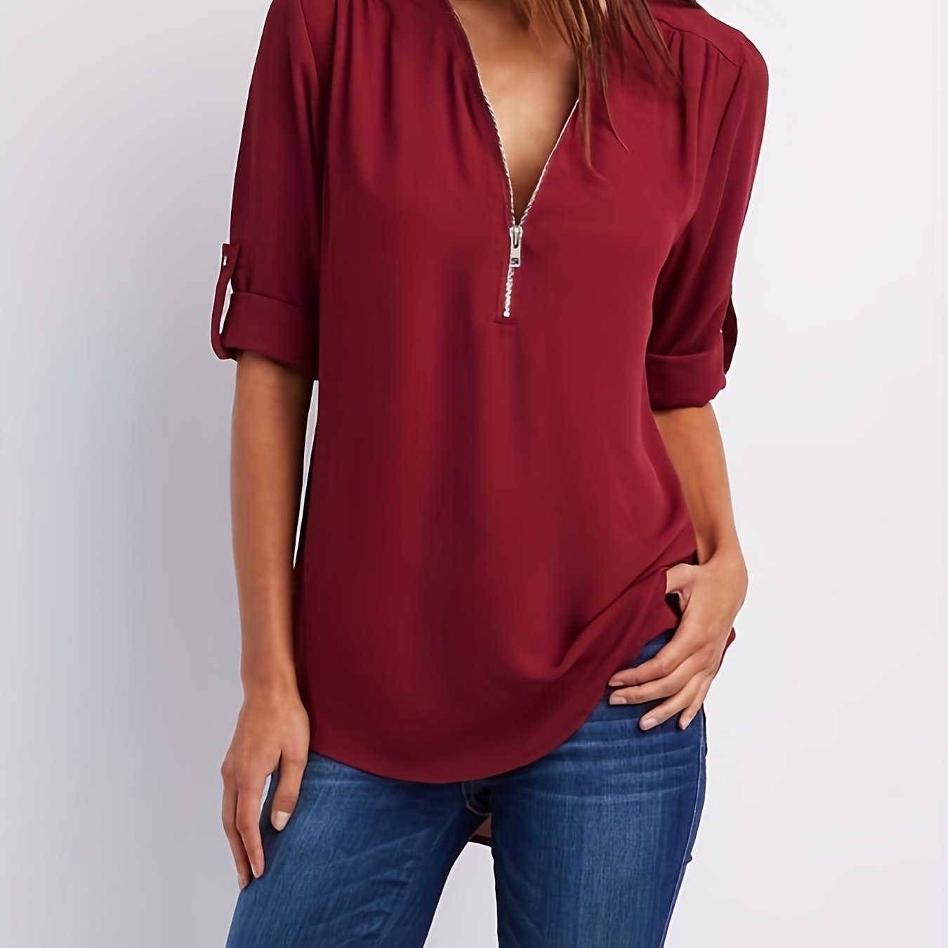 Blusa Frontal con Cremallera Sin Esfuerzo para Mujeres con Cuello en V y Manga con Tabulador, Estilo Túnica Relajada