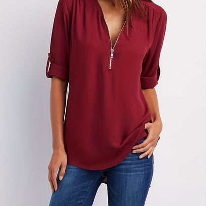 Blusa Frontal con Cremallera Sin Esfuerzo para Mujeres con Cuello en V y Manga con Tabulador, Estilo Túnica Relajada