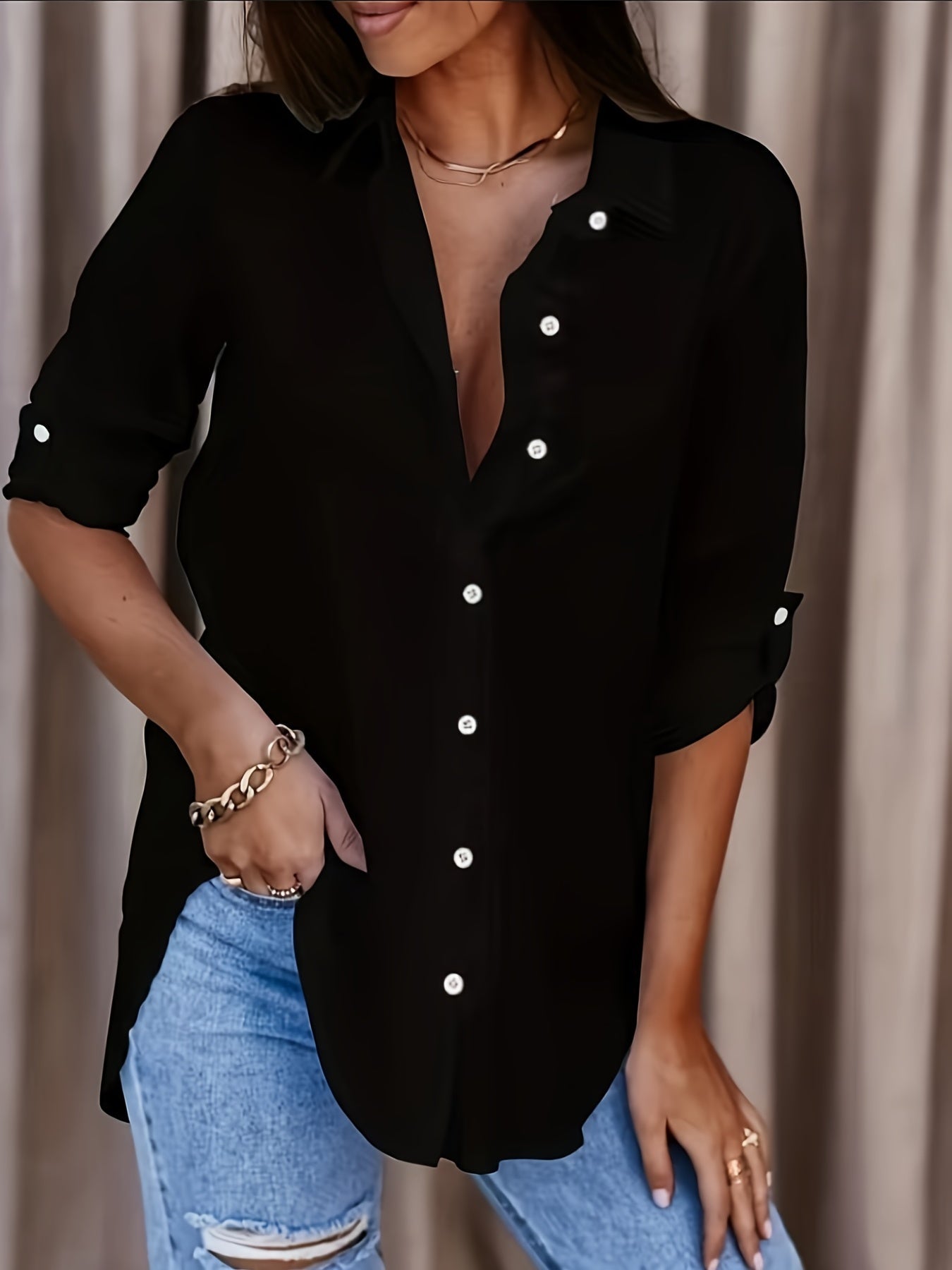 Blusa de Botón Sin Esfuerzo para Mujeres con Cuello, Manga Larga, Estilo Casual Relajado y Oversized