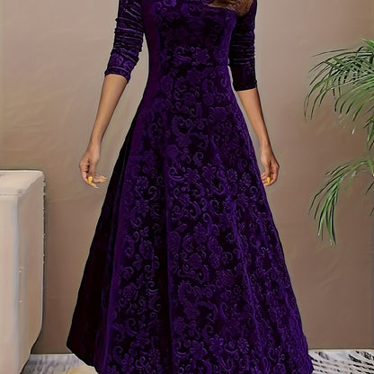Vestido Maxi Floral de Terciopelo Elegante para Mujeres con Cuello Cuadrado y Manga de Codo Estilo A Fluyente