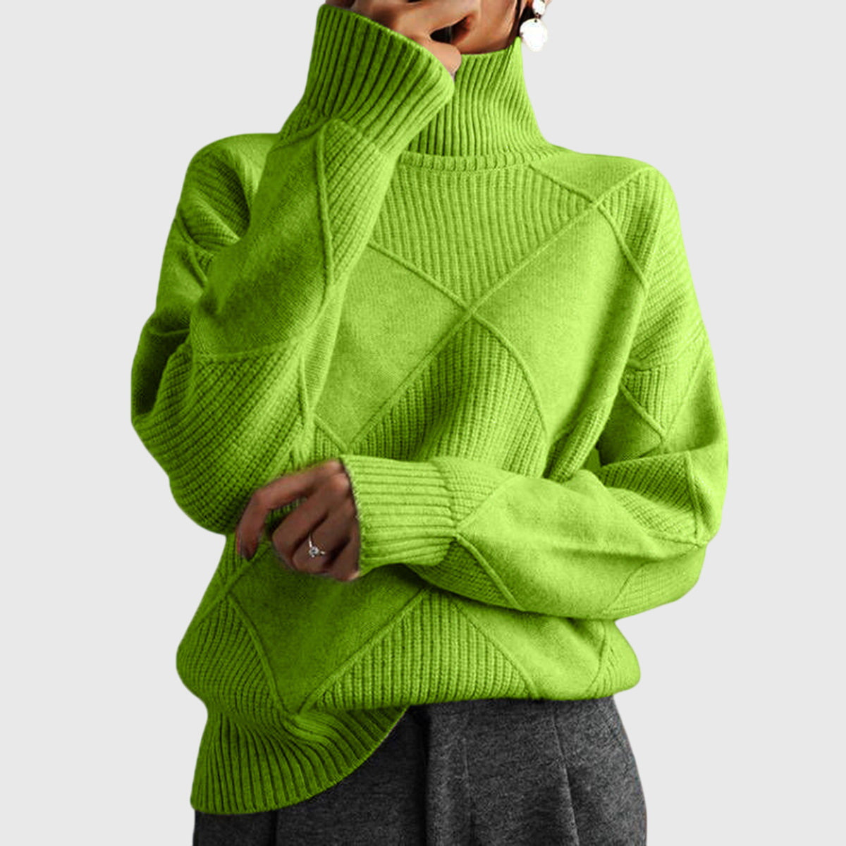 Suéter de Punto Argyle Cómodo para Mujeres con Cuello Alto, Manga Larga y Estilo Oversized Relajado