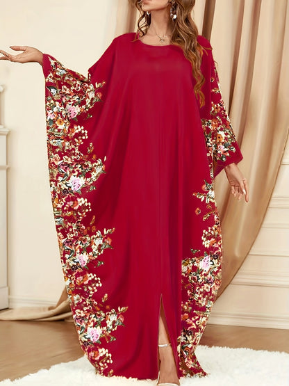 Elegante Vestido Maxi Kaftán Floral para Mujeres con Cuello Redondo y Mangas Murciélago