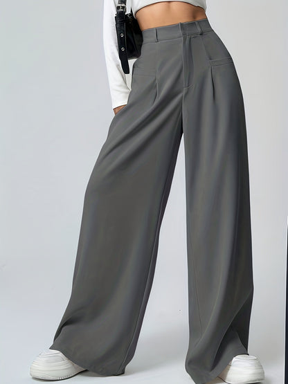 Pantalones Anchos Elegantes de Caqui para Mujeres con Cintura Alta y Pliegues, Estilo Relajado