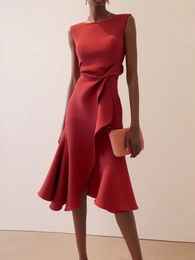 Vestido Midi Elegante con Drapé para Mujeres con Escote Barco, Sin Mangas y Bajo con Volantes Asimétricos Estilo Cóctel