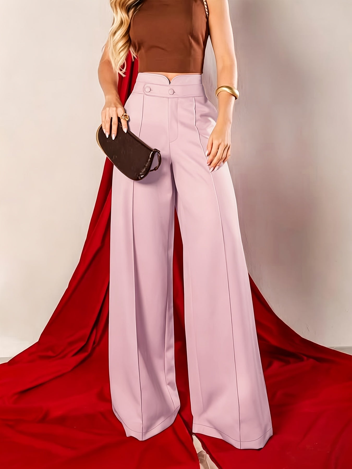 Pantalones Anchos Elegantes de Caqui para Mujeres con Cintura Alta y Pliegues Tailored Estilo Formal