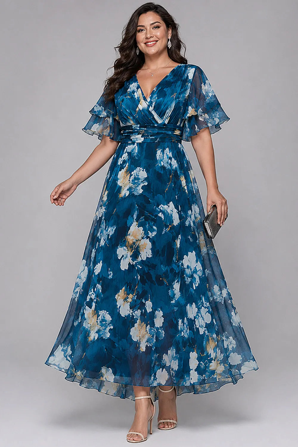Elegante Vestido Maxi Floral Azul para Mujeres con Escote en V y Mangas Volantes, Estilo para Invitadas de Boda