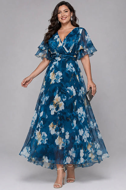 Elegante Vestido Maxi Floral Azul para Mujeres con Escote en V y Mangas Volantes, Estilo para Invitadas de Boda