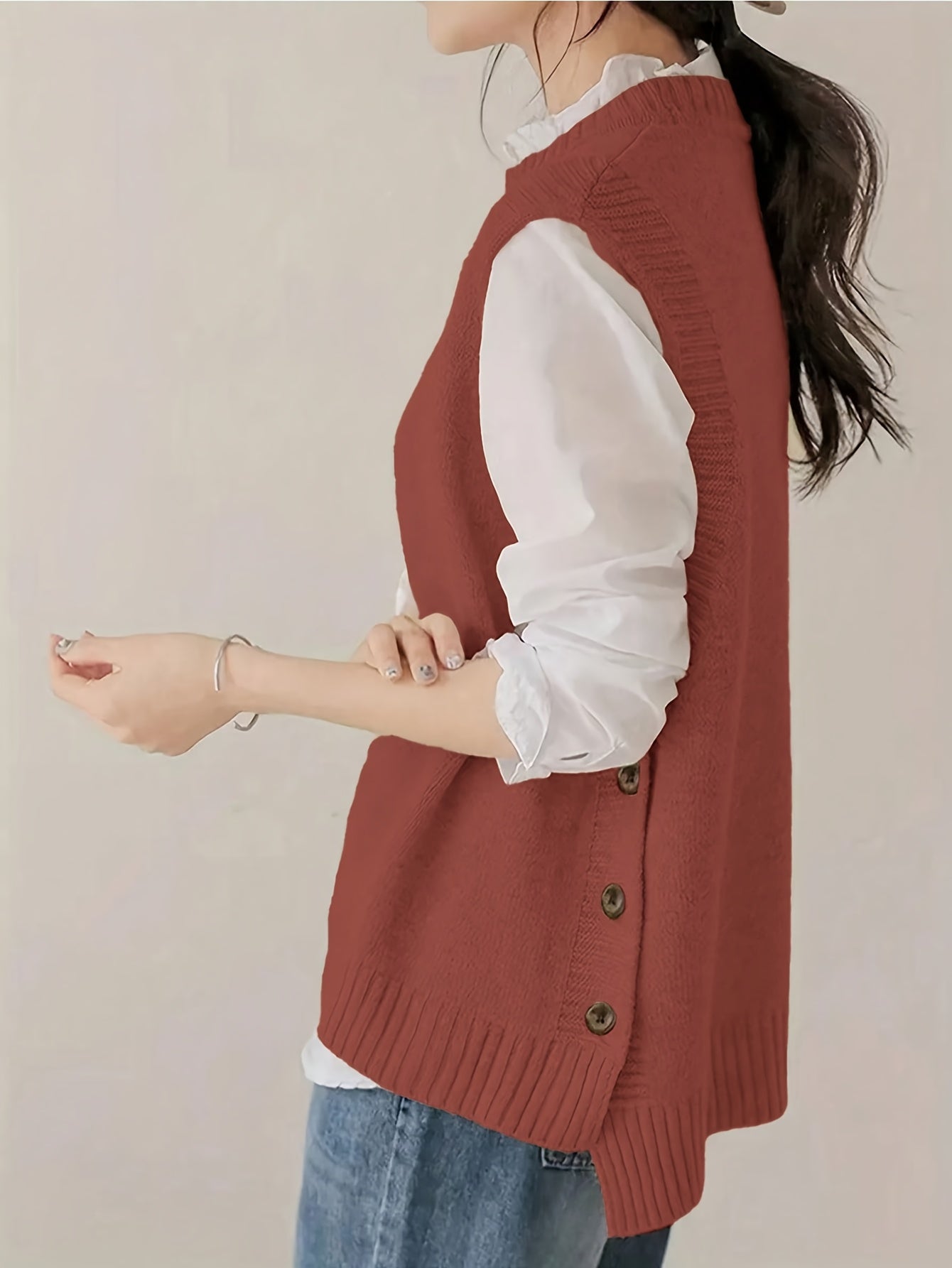 Chaleco de Punto Acanalado Cómodo para Mujeres con Cuello Alto Sin Mangas y Estilo Relajado con Botones Lateral