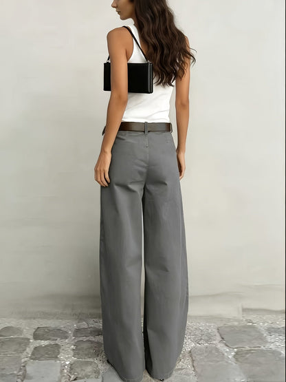 Pantalones Anchos Sin Esfuerzo para Mujeres con Cintura Alta, Botón Frontal, Estilo Casual Relajado