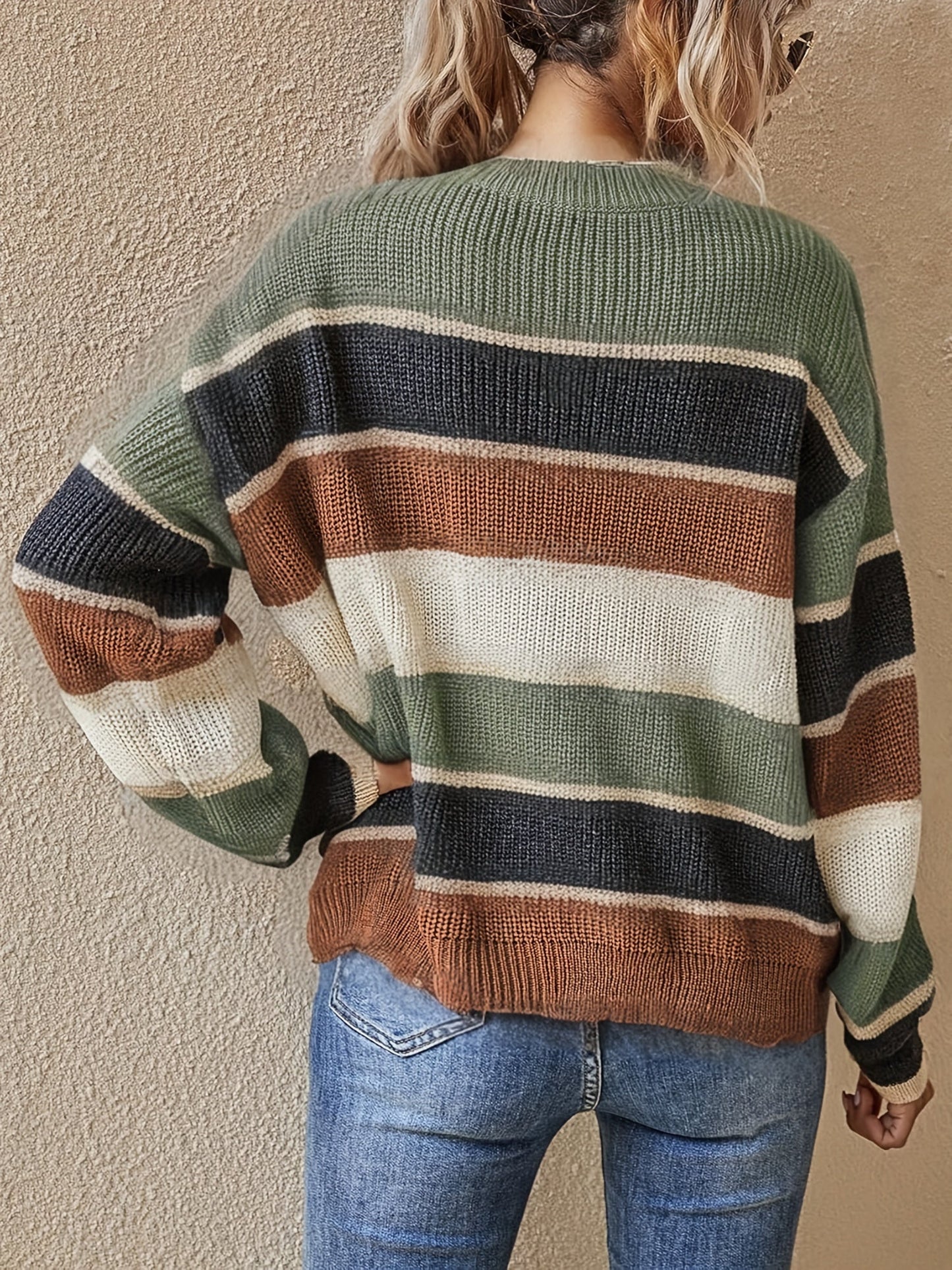 Suéter de rayas color bloque cómodo para mujeres con cuello redondo, manga larga y estilo de punto relajado y oversize