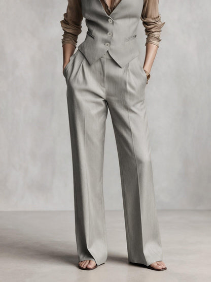Conjunto de Dos Piezas Elegante en Color Marrón Café para Mujeres con Chaleco de Botones y Pantalón de Pierna Ancha Estilo Formal