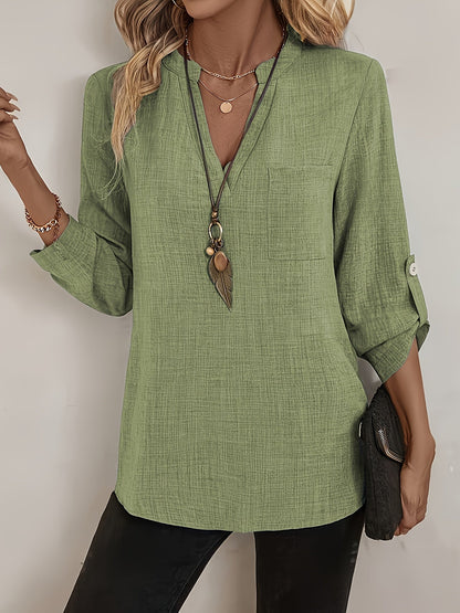 Diseño de Moda Primavera y Verano Top de Manga Media con Escote en V para Mujeres, Camisa de Estilo Europeo y Americano con Manga Larga y Manga Remangada, Top Casual para Desplazamientos con Bolsillo, Camisa de Largo Medio