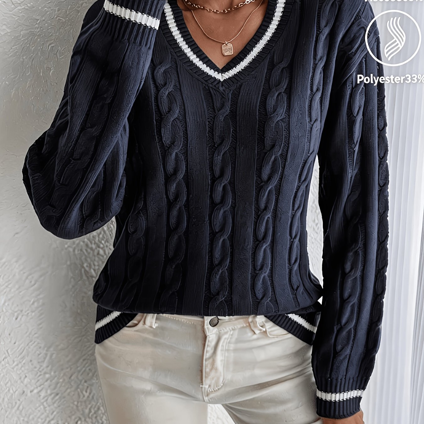 Suéter de Punto Trenzado Cómodo para Mujeres con Escote en V, Manga Larga, Detalle de Rayas y Estilo Oversized