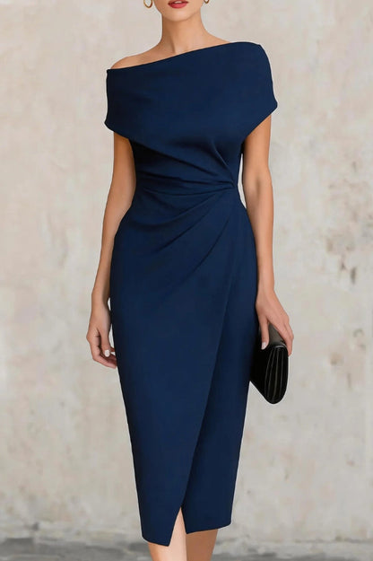 Vestido Midi Elegante Drapado para Mujeres con Escote Asimétrico, Manga Corta y Estilo de Cóctel con Fruncido