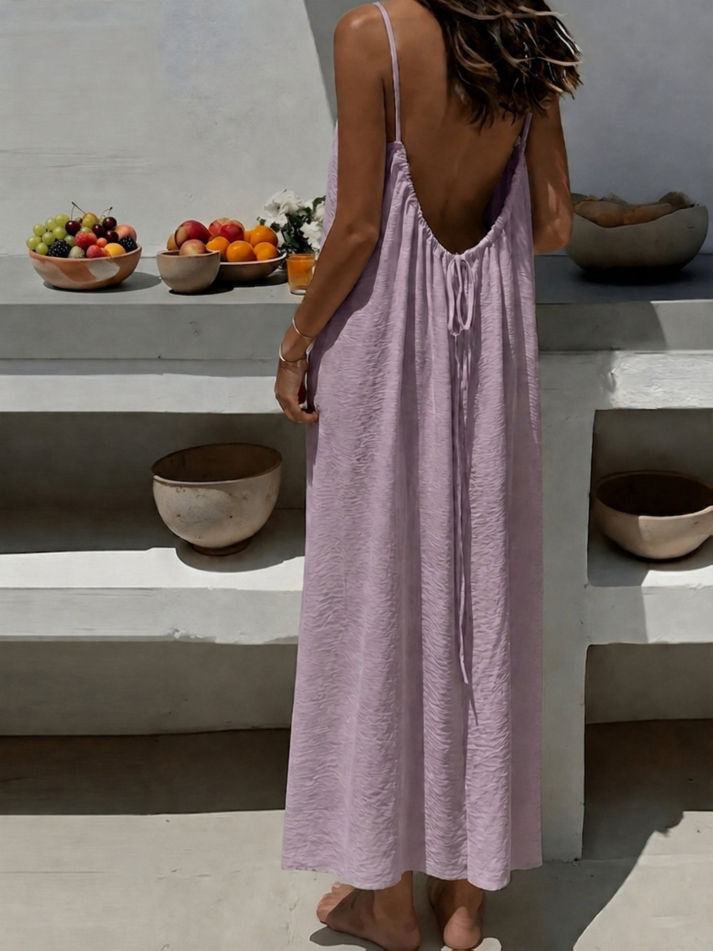 Vestido Maxi Texturizado Sin Espalda para Mujeres con Tirantes de Espagueti y Cuerda, Estilo Bohemio Fluyente