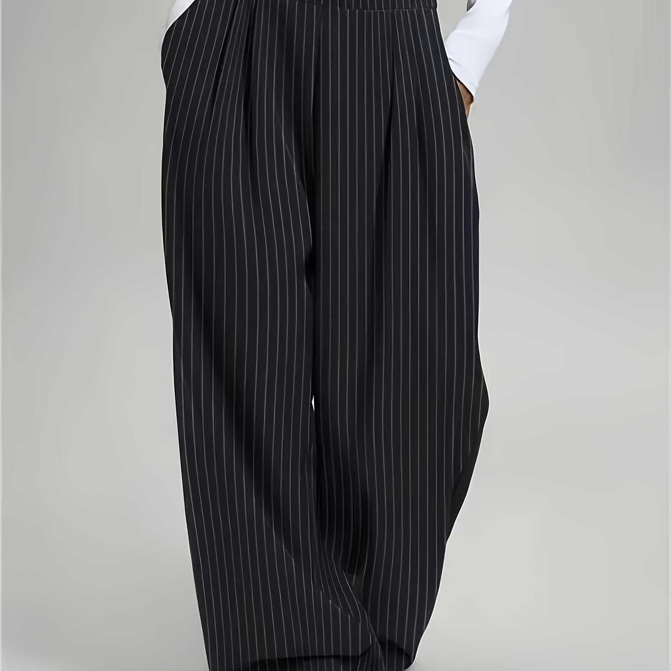 Pantalones Anchos de Rayas en Negro para Mujeres con Cintura Alta, Plisados y Estilo Relajado