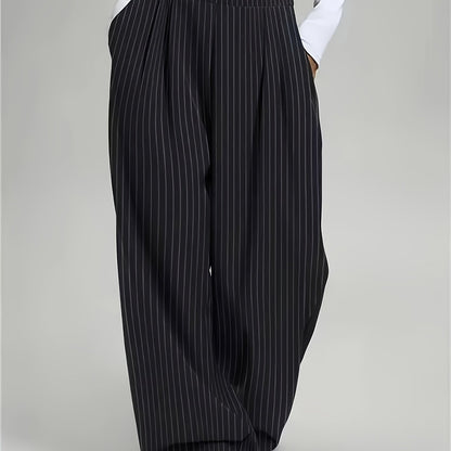 Pantalones Anchos de Rayas en Negro para Mujeres con Cintura Alta, Plisados y Estilo Relajado