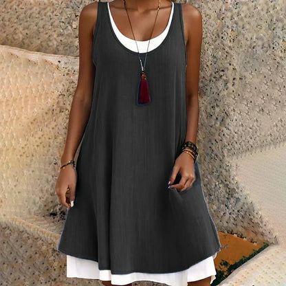 Vestido de Tanque con Capas Sin Esfuerzo para Mujeres con Escote Redondo Sin Mangas Estilo Casual en Línea Fluyente
