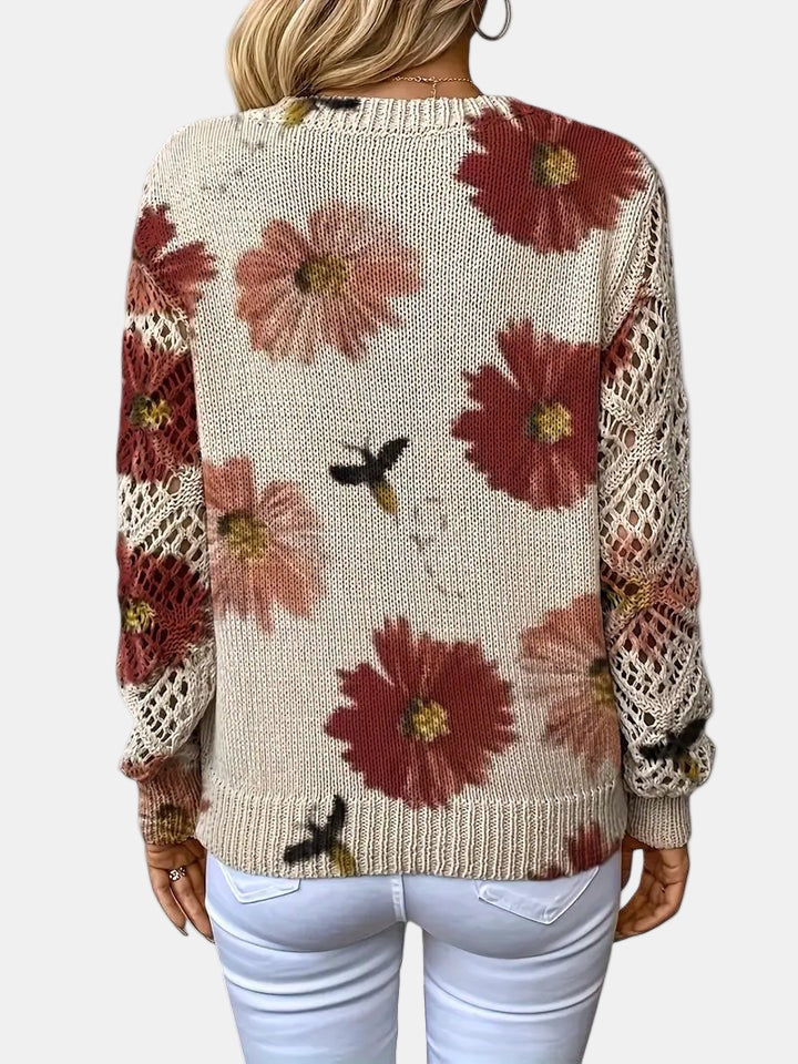 Suéter de Ganchillo Floral Cómodo para Mujeres con Cuello en V y Mangas de Globo, Estilo Oversized