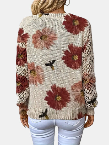 Suéter de Ganchillo Floral Cómodo para Mujeres con Cuello en V y Mangas de Globo, Estilo Oversized