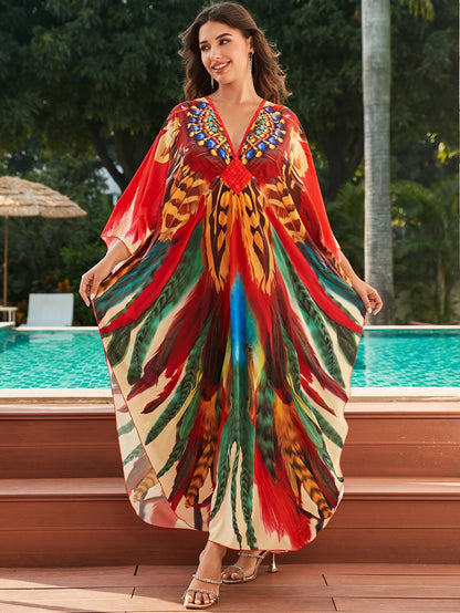 Elegante Kaftán Maxi de Impresión de Plumas Multicolor para Mujeres con Cuello en V y Manga Murciélago Adornada en Estilo Fluido