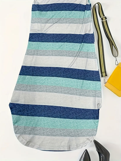 Vestido Maxi Rayado Sin Esfuerzo para Mujeres con Escote en V, Manga Corta, Abertura Lateral y Estilo Relajado