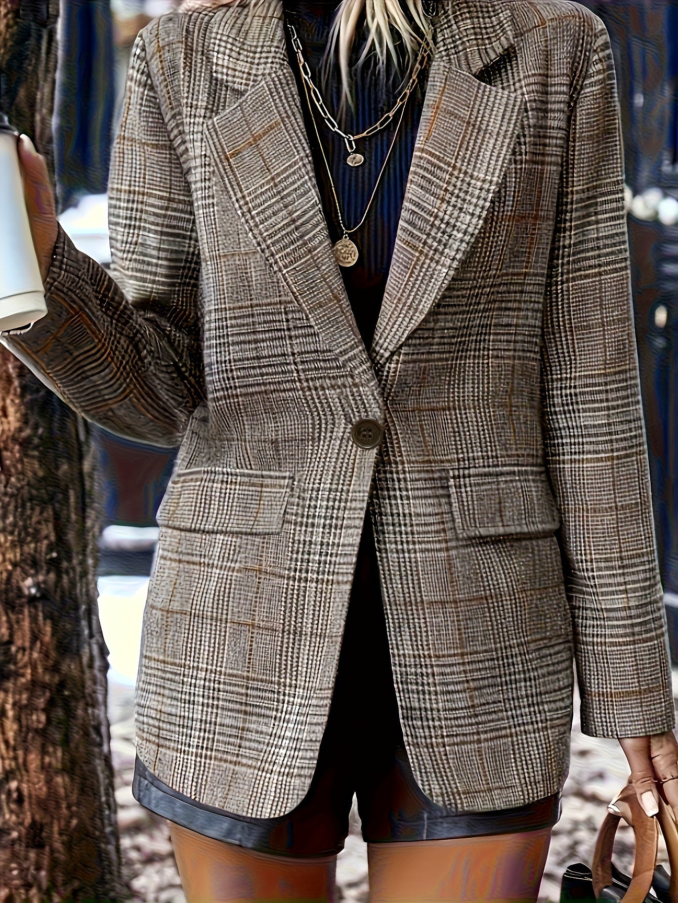 Blazer de Cuadros Elegante para Mujeres con Solapa de Muesca, Manga Larga y Estilo Oversized