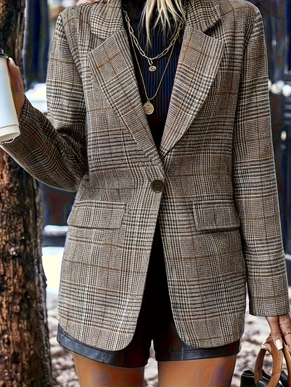 Blazer de Cuadros Elegante para Mujeres con Solapa de Muesca, Manga Larga y Estilo Oversized