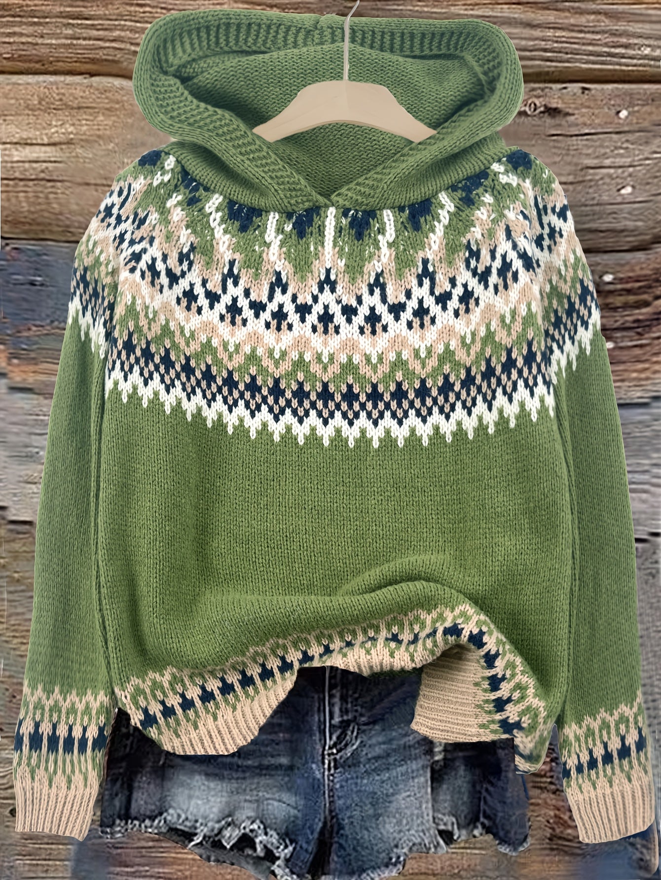 Suéter Cómodo Fair Isle para Mujeres con Capucha y Manga Larga Relajada de Estilo Oversized