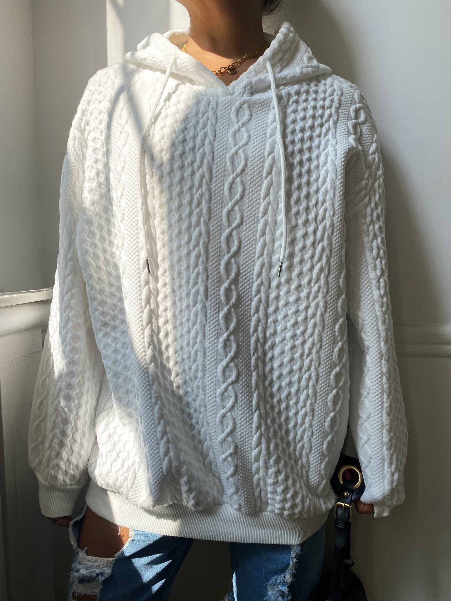 Sudadera de Punto Trenzado Cómoda para Mujeres con Capucha Ajustable de Cordón, Manga Larga, Estilo Relajado y Oversized