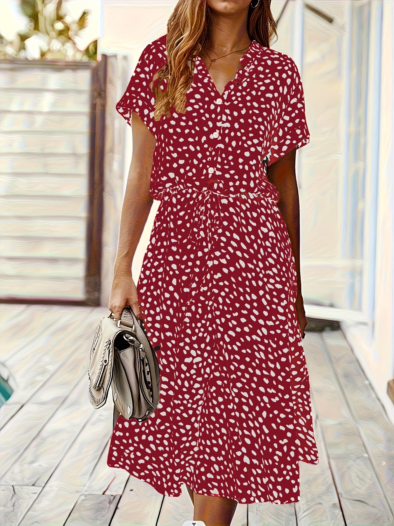 Vestido Midi de Lunares Multicolor sin Esfuerzo para Mujeres con Cuello, Manga Corta, Botones en el Frente y Cintura Ajustable Estilo Casual