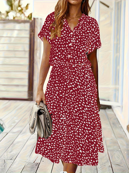 Vestido Midi de Lunares Multicolor sin Esfuerzo para Mujeres con Cuello, Manga Corta, Botones en el Frente y Cintura Ajustable Estilo Casual