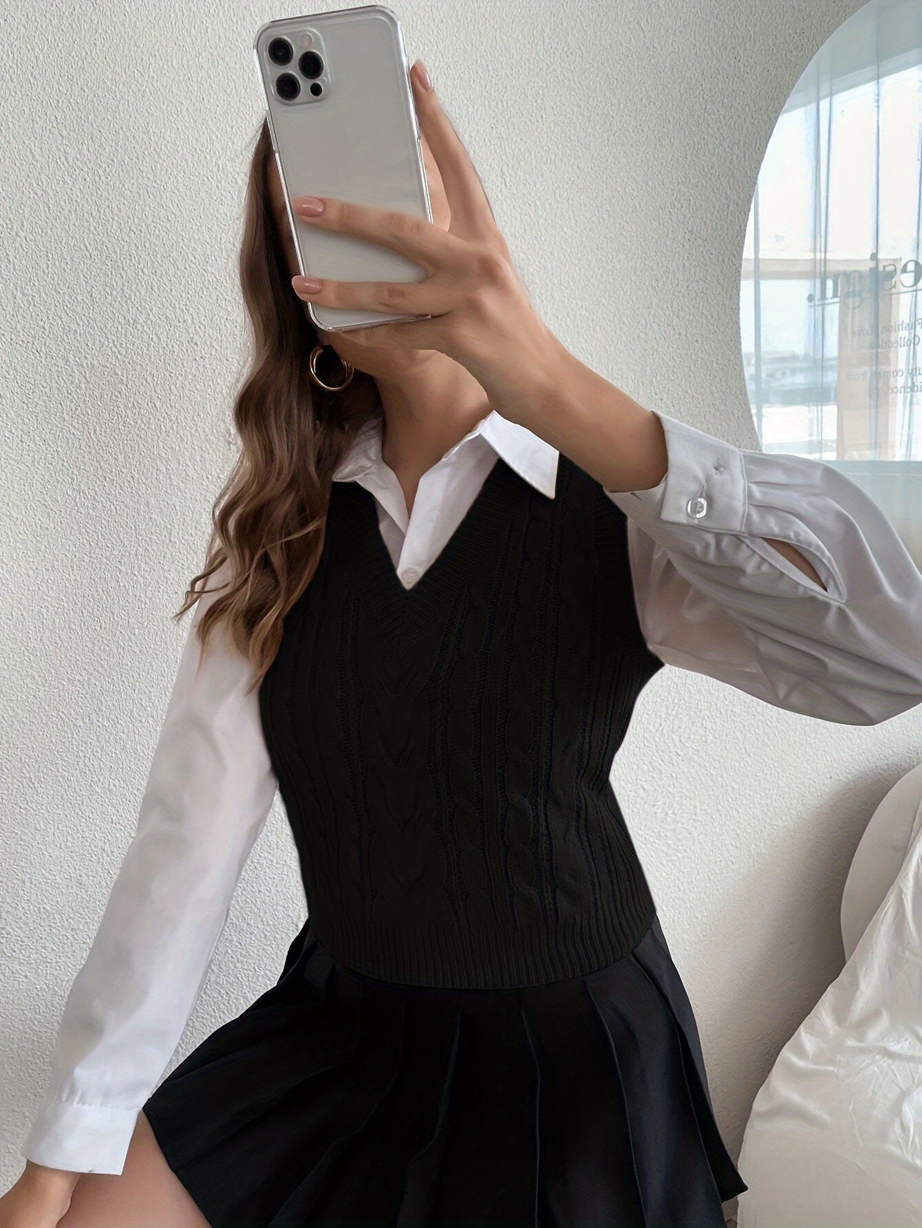 Chaleco de Punto Trenzado Cómodo para Mujeres con Escote en V, Sin Mangas y Dobladillo Acanalado, Estilo Preppy