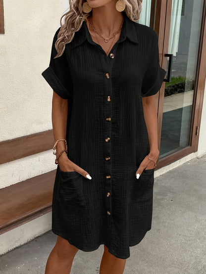 Vestido Camisa Texturizado Sin Esfuerzo para Mujeres con Cuello, Manga Corta, Botones Frontales, Estilo Casual Relajado