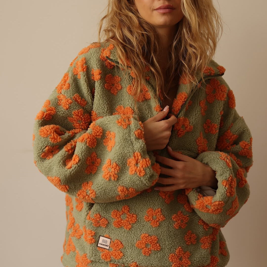 Suéter de Sherpa Floral Cómodo para Mujeres con Cuello, Cierre de Cremallera de Cuarto, Manga Larga y Estilo Oversized