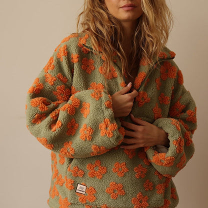 Suéter de Sherpa Floral Cómodo para Mujeres con Cuello, Cierre de Cremallera de Cuarto, Manga Larga y Estilo Oversized